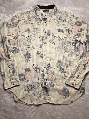 Guess Pearl Snap Shirt Womens XL Long Sleeve Floral Sheer Cowgirl Western Rodeo